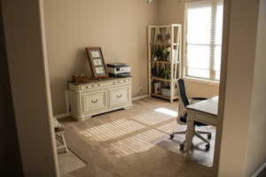 Office featuring light colored carpet and baseboards