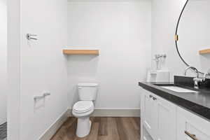 Bathroom featuring wood finished floors and vanity