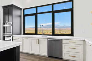 Kitchen featuring stainless steel appliances, dark wood-type flooring, a mountain view, and white cabinetry