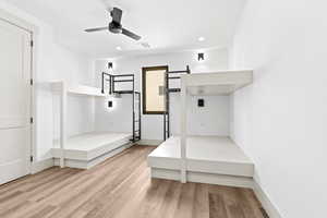 Mudroom featuring wood finished floors, a ceiling fan, and recessed lighting