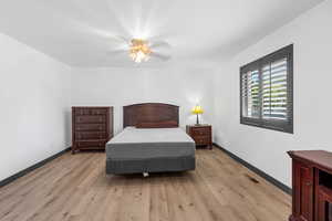 Bedroom featuring light wood-style flooring and a ceiling fan