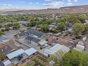 Aerial view of residential area with a mountain backdrop