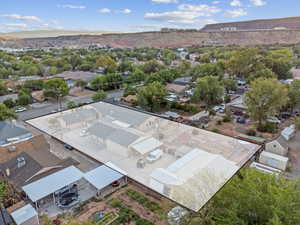 Aerial perspective of suburban area with mountains