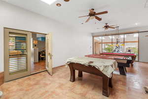 Playroom featuring billiards, ceiling fan, and recessed lighting