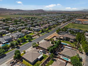Aerial view of residential area with a mountain backdrop