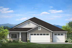 Craftsman inspired home featuring stone siding, a shingled roof, an attached garage, a mountain view, and concrete driveway