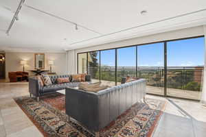 Lobby with panoramic city views.