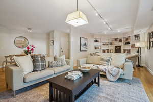 Living area featuring wood finished floors and rail lighting