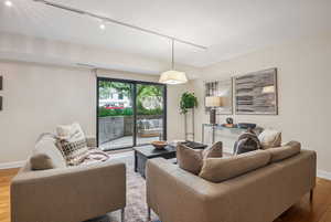 Living area with track lighting and light wood-style flooring