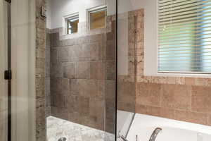 Primary bathroom with a shower stall and a bath