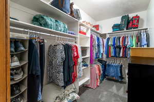Primary walk in closet with carpet flooring