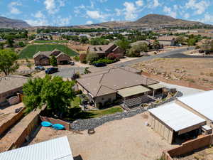 Aerial view of residential area with a mountain backdrop
