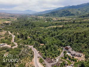 Bird's eye view of mountains and a heavily wooded area