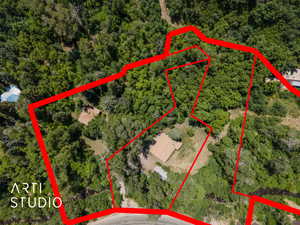 Aerial view of property's location with property parcel outlined