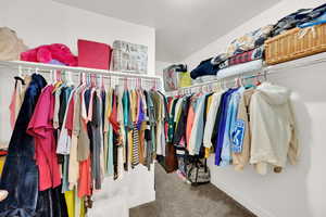 Walk in closet with carpet floors