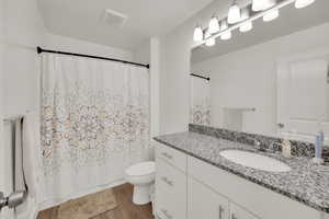 Full bathroom featuring vanity, wood finished floors, and curtained shower