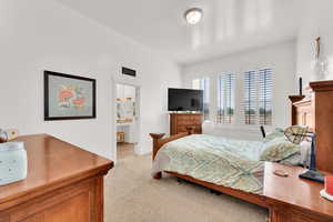Bedroom featuring light colored carpet
