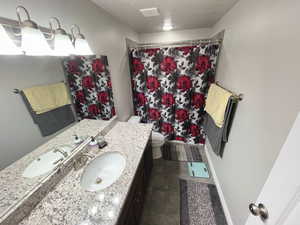 Basement Full bath with vanity, stone tile flooring, and a shower with curtain