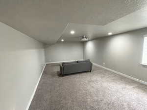 Home theater room with carpet floors, recessed lighting, and a textured ceiling