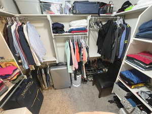 Main bedroom closet with carpet floors