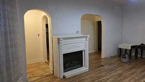 Living area featuring wood finished floors, arched walkways, and a fireplace