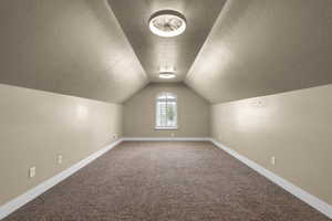 Additional living space with a textured ceiling, carpet floors, and lofted ceiling