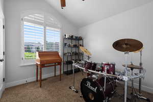 Misc room featuring ceiling fan, carpet, and lofted ceiling