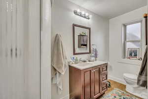 Bathroom featuring wood finished floors and vanity