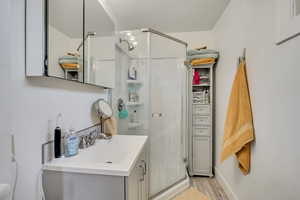 Bathroom with a stall shower, wood finished floors, and vanity