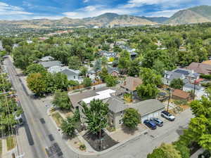 Aerial view of residential area with a mountain backdrop