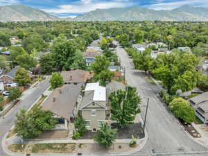 Aerial view of residential area with mountains