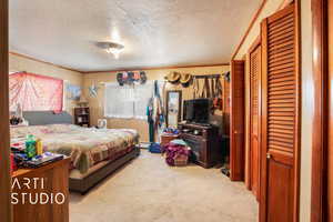Bedroom featuring carpet flooring, a textured ceiling, wood walls, a closet, and a baseboard heating unit