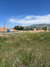 View of mountain backdrop with rural landscape