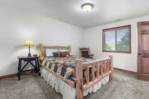 Carpeted bedroom featuring baseboards