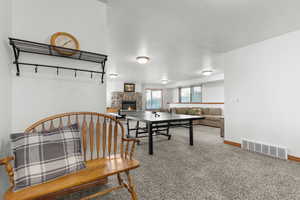 Playroom featuring a fireplace and carpet floors