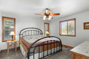 Carpeted bedroom featuring multiple windows and ceiling fan