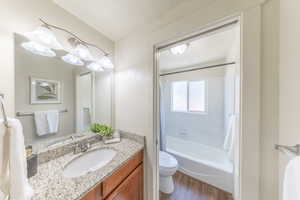 Full bath upstairs located between the two bedrooms. Upgraded bathrooms.