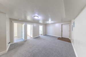 Basement family room with walkout to backyard. Just off of the family room is a bedroom, laundry room, and a bathroom.
