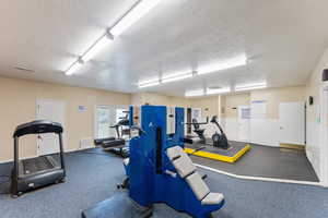 Workout area with a textured ceiling and baseboards