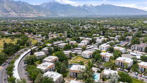 Bird's eye view of a mountainous background