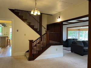 Stairway with carpet, plenty of natural light, a chandelier, and crown molding