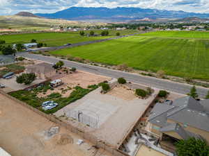 Aerial view of sparsely populated area with mountains