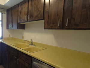 Kitchen featuring light countertops, dark brown cabinetry, healthy amount of natural light, and dishwasher