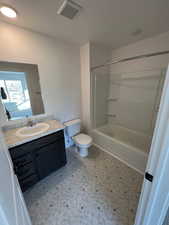 Five plex Bathroom featuring vanity and bathtub / shower combination