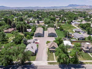 Aerial view of residential area with mountains