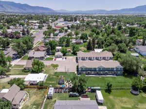 Aerial view of residential area featuring mountains