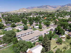 Aerial view of residential area with a mountain backdrop