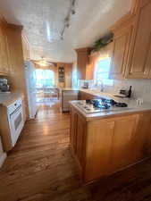 Kitchen featuring white appliances, a peninsula, wood finished floors, light countertops, and healthy amount of natural light