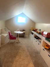 Additional living space featuring vaulted ceiling and light colored carpet