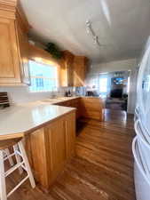Kitchen featuring a peninsula, freestanding refrigerator, dark wood-style floors, and rail lighting